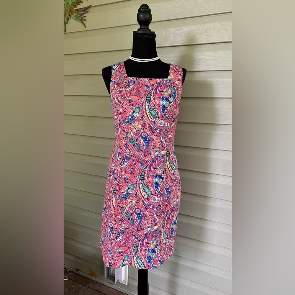 TALBOTS pink salmon Bonaire Paisley Sleeveless Sheath Dress sz 4P open back EUC - Picture 4 of 15